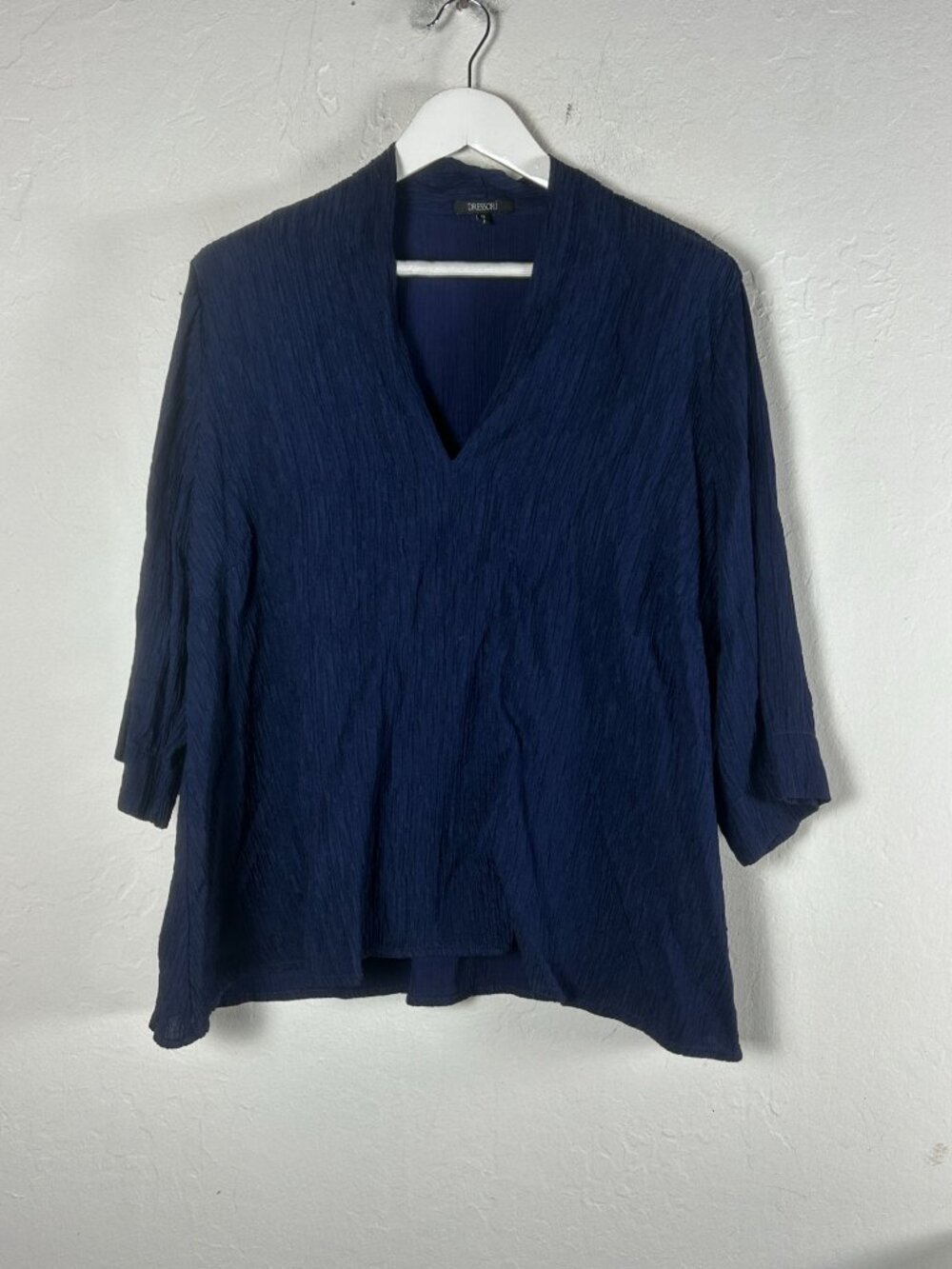 Dressori Womens Navy Blue Textured Silk Blend Tunic Top 1X V-Neck 3/4 Sleeves